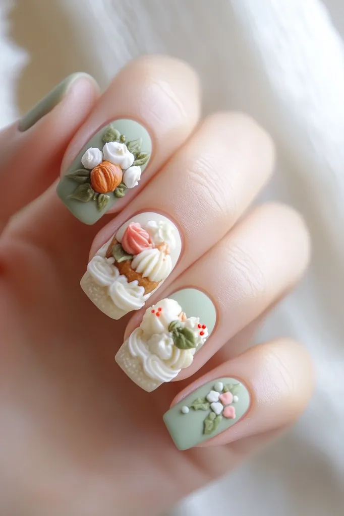A hand with light green nail polish adorned with intricate 3D floral and cupcake designs. Each nail features a different design, including delicate roses, a miniature cupcake, and a cluster of small flowers. The designs are meticulously crafted and add a touch of whimsy to the manicure.