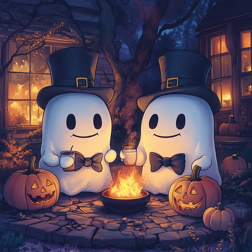 Two friendly ghosts in top hats and bowties sit by a cozy campfire, enjoying their drinks. They are surrounded by pumpkins, glowing windows of a house, and a warm, autumnal night. The scene is playful and inviting, capturing the spirit of a fun Halloween celebration.