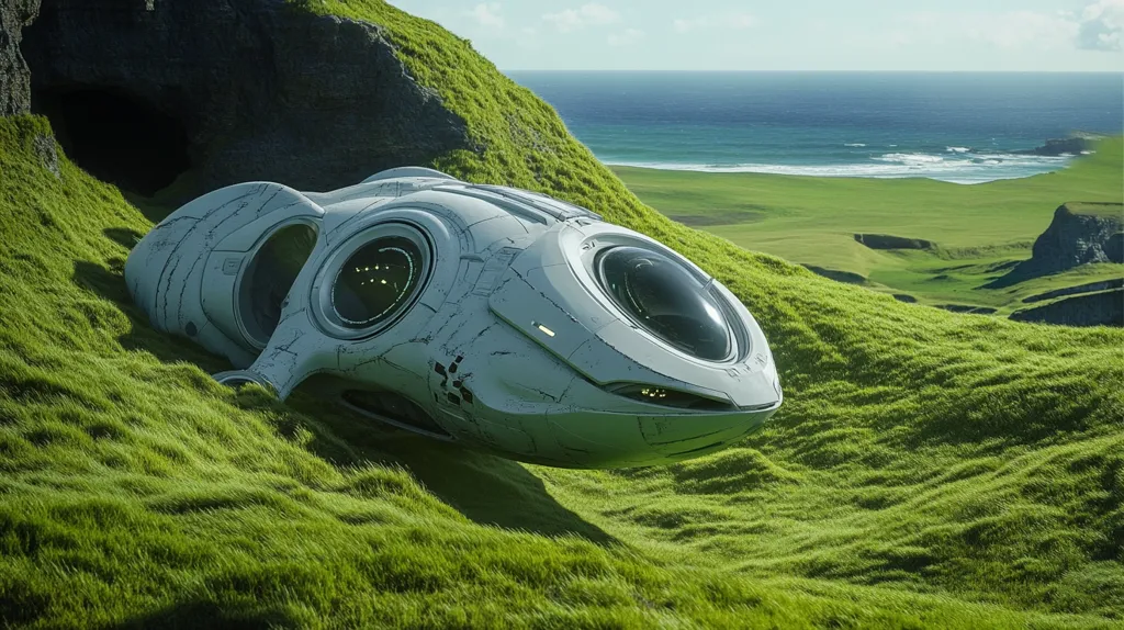 A white futuristic spaceship sits half-buried in a grassy hillside. The ship has a rounded, aerodynamic design with a large, clear dome in front. The grassy landscape stretches to the horizon, where a blue ocean and a rocky coastline are visible. The scene suggests a peaceful landing on an alien planet, with a sense of both exploration and serenity.