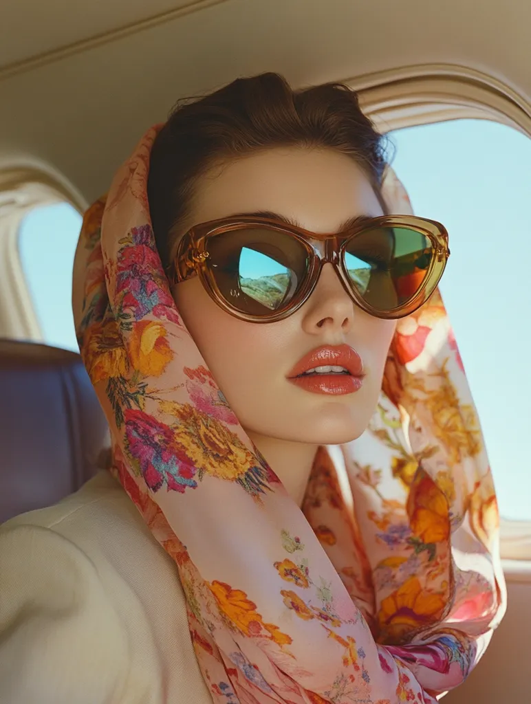 A woman with dark hair and a floral headscarf looks out of the window of an airplane. She is wearing a pair of large, tortoiseshell sunglasses. The sunlight illuminates her face and the scene outside the window. The image captures a sense of travel and adventure.