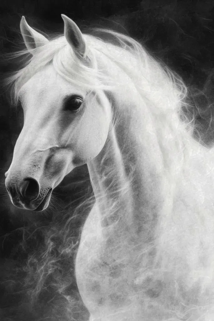 A black and white, close-up image of a white horse's head and neck. The horse's mane is flowing and ethereal, giving the image a dreamy feel. The background is a dark, textured backdrop that enhances the contrast and highlights the horse's white coat. The horse's eye is visible, adding a sense of life and depth to the image.  The overall impression is one of grace, beauty, and serenity.