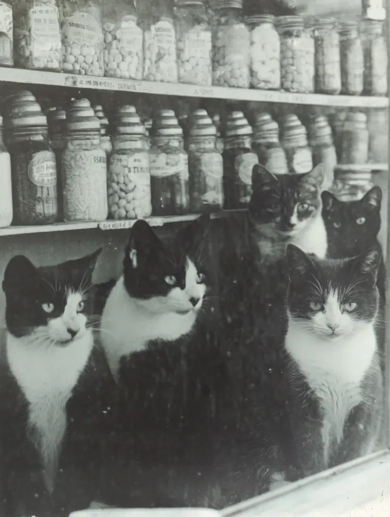 The image shows a black and white photo of four cats in front of a window. The cats are all sitting or lying down, and they appear to be looking out of the window. The window is filled with jars of what looks like pills or candies. The photo is slightly out of focus, creating a dreamy and nostalgic atmosphere. The composition is well-balanced, and the light and shadow play create a sense of depth.