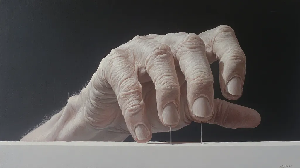 The image is a hyperrealistic painting of an elderly hand pressing two thumbtacks into a white surface. The hand is positioned in a way that makes the viewer feel as if they are about to be pricked by the tacks. The image evokes feelings of pain, discomfort, and vulnerability. The detailed rendering of the hand and the tacks adds to the realistic and disturbing effect of the image.