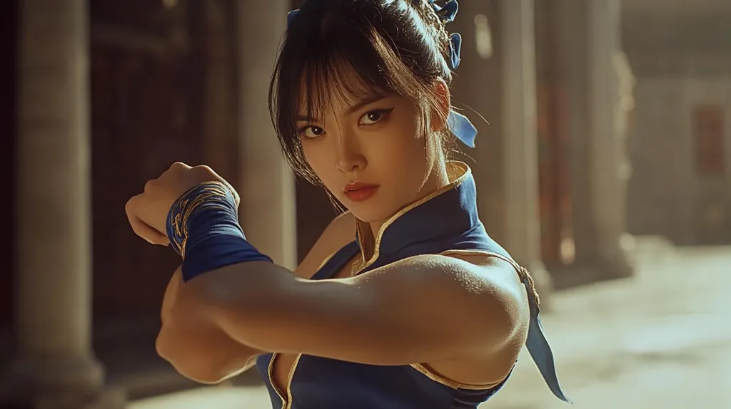 A young woman with dark hair and bangs, wearing a blue martial arts uniform with gold trim, stands in a sun-drenched courtyard. She is looking intensely at the camera, her right arm raised in a fighting stance, showcasing her powerful muscles. The image captures the fierce determination and strength of a martial artist.