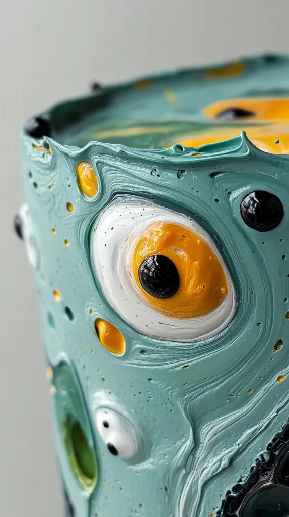 A close-up shot of a turquoise, yellow, and white abstract painting.  The colors swirl together in a dynamic and fluid pattern, creating the illusion of eyes. The texture is thick and layered, giving the artwork a three-dimensional quality.  The background is a soft grey, allowing the colors of the artwork to pop.