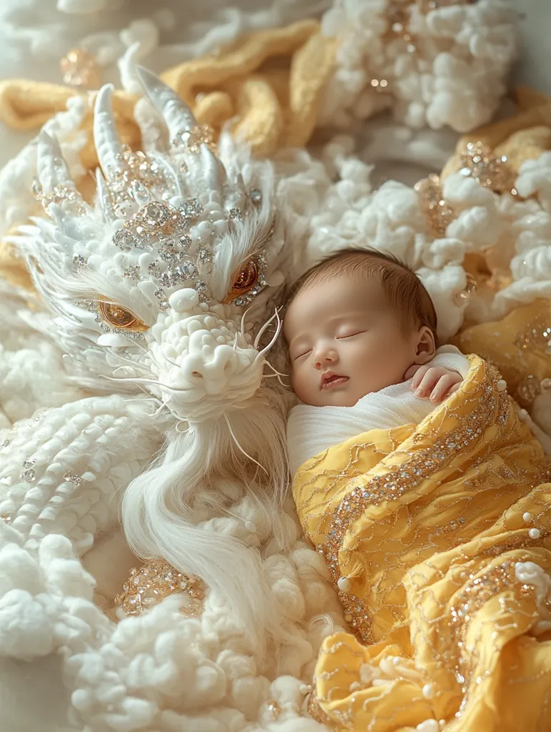 A sleeping baby, wrapped in a yellow and gold blanket, rests beside a large, ornate white dragon. The dragon's head is adorned with rhinestones and feathers, and its long white beard drapes over the baby. The image is filled with soft, fluffy textures and a sense of gentle, magical wonder.