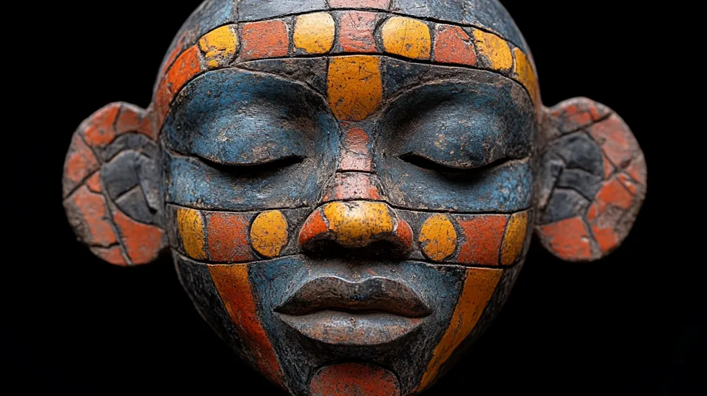 A wooden mask with a human face, painted in a geometric pattern of blue, orange, and yellow. The mask has closed eyes, a slightly open mouth, and large, stylized ears. The mask's surface has a rough texture. The background is black. The mask appears to be an artifact from an indigenous culture, possibly African.