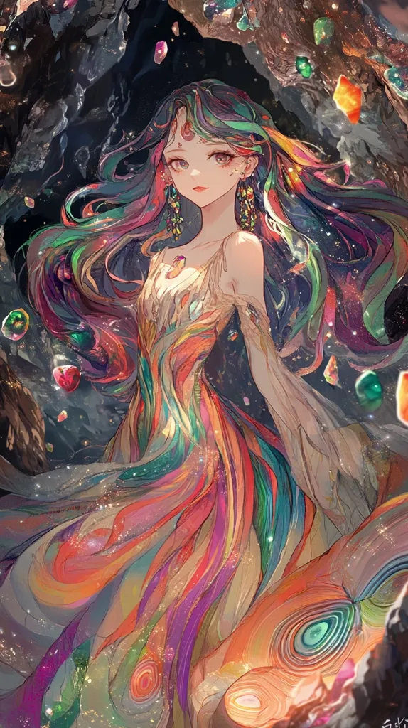 The image features a young woman with long, flowing hair in shades of pink, blue, and green. She is wearing a vibrant, multi-colored dress that seems to be made of shimmering, iridescent fabric. The dress is adorned with intricate swirls and patterns, and it flows around her like a liquid dream. The background is a dark and mysterious cave, with scattered gems and crystals adding to the magical atmosphere. The woman’s expression is serene and ethereal, and she seems to be enveloped in a world of color and enchantment.