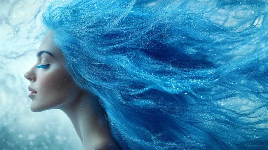 A woman with long, flowing, bright blue hair that shimmers with glitter, looks to the side, her eyes closed. Her hair is tousled and billowing, like waves in the ocean. The image has a dreamy, ethereal quality, with a soft, white background that emphasizes the blue of the hair.  She is positioned to the left of the frame, giving the sense of her hair blowing in the wind.