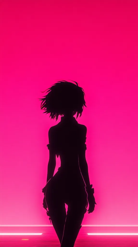 The image features a silhouette of a female figure against a bright pink background. She has short, choppy hair and is wearing a simple outfit. The silhouette is outlined against the light pink backdrop, creating a stark contrast. Two thin pink lines are visible at the bottom of the image. The overall tone is dramatic and stylish, with a focus on the female figure as the central subject.