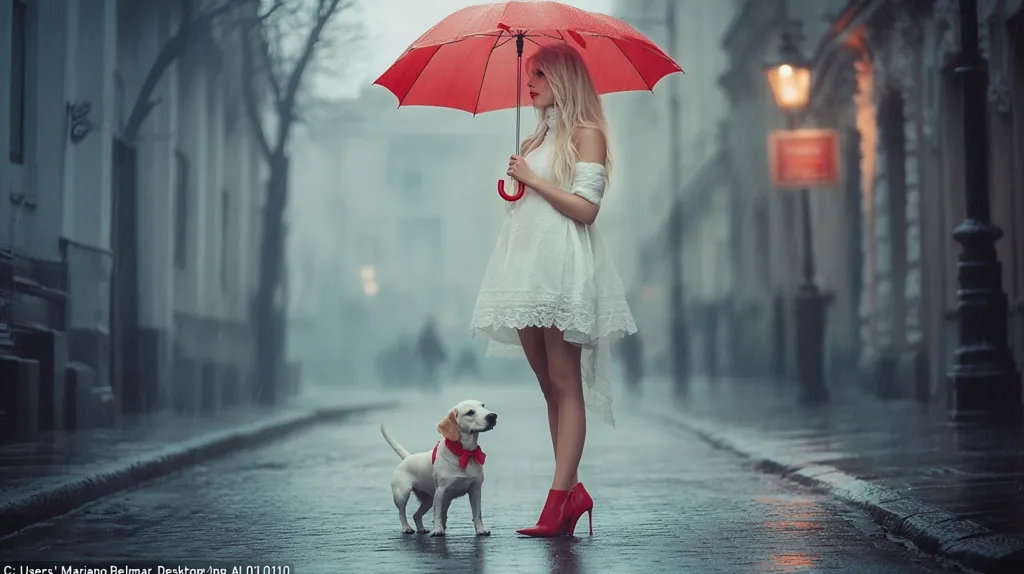 A woman in a white dress and red heels walks down a wet cobblestone street with a red umbrella held over her head. Her blonde hair is flowing in the wind, and a small white dog with a red bowtie walks beside her. The street is lined with buildings, and the atmosphere is moody and atmospheric. The image is a beautiful and evocative depiction of a rainy day.