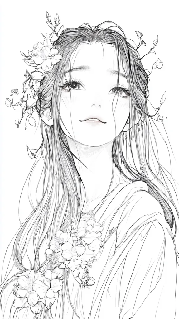 The image is a black and white line drawing of a young woman with long flowing hair. She is adorned with a crown of flowers and has a gentle smile on her face. The drawing is detailed and delicate, with intricate lines capturing the soft features of the woman's face and the beauty of the flowers. The overall impression is one of grace, serenity, and ethereal beauty.