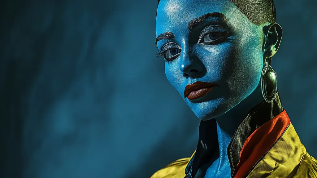A woman with blue skin and dark red lipstick stares intently at the camera. She is wearing a yellow jacket with a black and red collar. Her face is painted in a dramatic style, with blue skin and dark eyes. The woman's expression is serious and intense.  She wears a large silver earring. The background is a blurred blue.