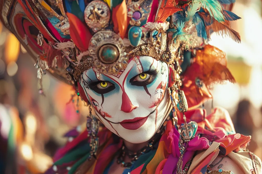 A person wearing a colorful costume and makeup looks directly at the camera. The person is adorned with feathers, jewels, and a large headpiece. The makeup is a mixture of clown and skeletal motifs, with bright yellow eyes. The background is blurred, focusing the viewer's attention on the subject. The image is likely from a carnival or masquerade.  The person's expression is enigmatic, leaving the viewer to decide their intentions.
