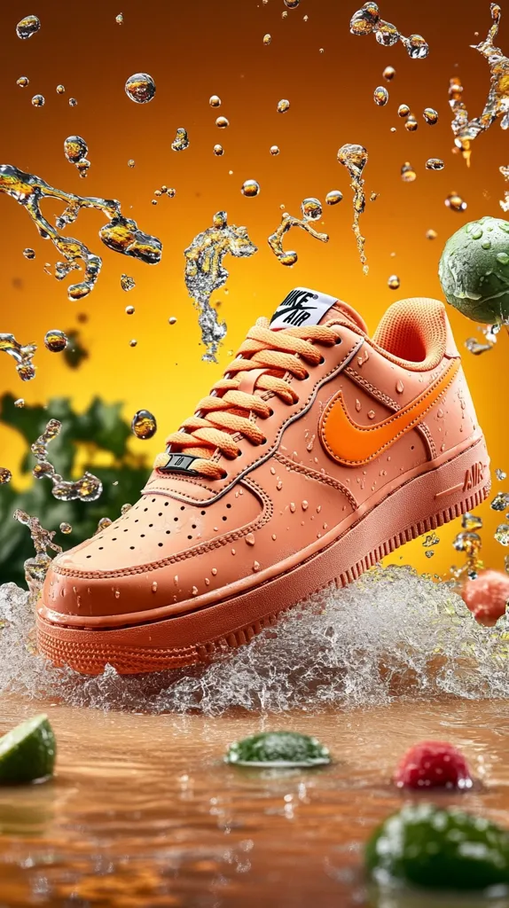 An orange Air Force 1 sneaker is submerged in a pool of water. Water droplets are scattered in the air, creating a dynamic and refreshing visual. The sneaker's orange color pops against the light yellow background, while the green limes and red strawberries add a touch of color and contrast. The overall image conveys a sense of motion and energy.