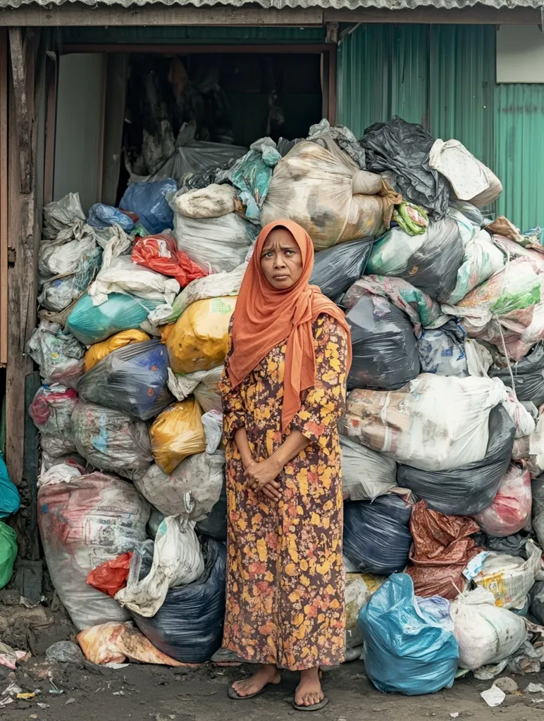 A woman in a headscarf and floral dress stands in front of a towering pile of garbage bags. The woman has a serious expression on her face. She looks at the camera with a hint of sadness. The bags are stacked high and vary in color and texture. The scene is a stark reminder of the realities of poverty and environmental challenges in some parts of the world.