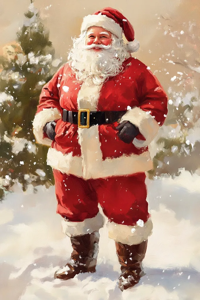 Santa Claus is standing in a snowy landscape. He is wearing his traditional red suit with a white fur trim, a black belt, and black boots. He has a white beard and a cheerful expression on his face. Snowflakes are falling around him. The painting is done in a realistic style with a warm and inviting color palette.  There is a pine tree in the background, further enhancing the wintery mood.