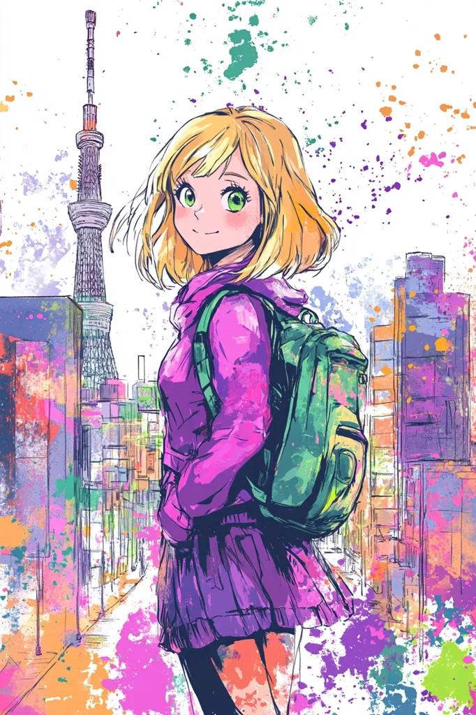 A young woman with blonde hair and green eyes stands in a city street, looking over her shoulder with a smile. She wears a pink jacket, purple skirt, and carries a green backpack. The scene is painted in a vibrant, colorful style with splashes of paint across the background. In the distance, a tall tower rises above the cityscape. The overall mood is lighthearted and optimistic.