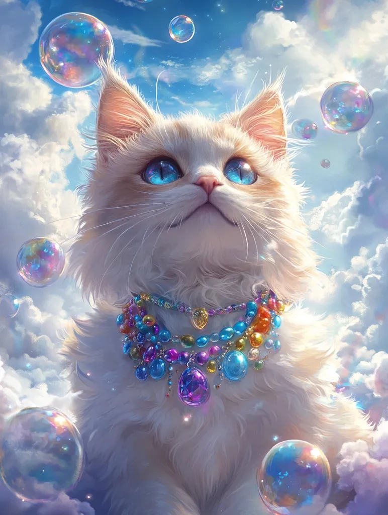 A white cat with large, blue eyes stares up at a sky filled with colorful bubbles.  The cat wears a colorful beaded necklace with a large, jewel-toned pendant.  The fluffy fur of the cat, the soft pastel colors of the clouds, and the iridescent bubbles create a dreamlike scene.