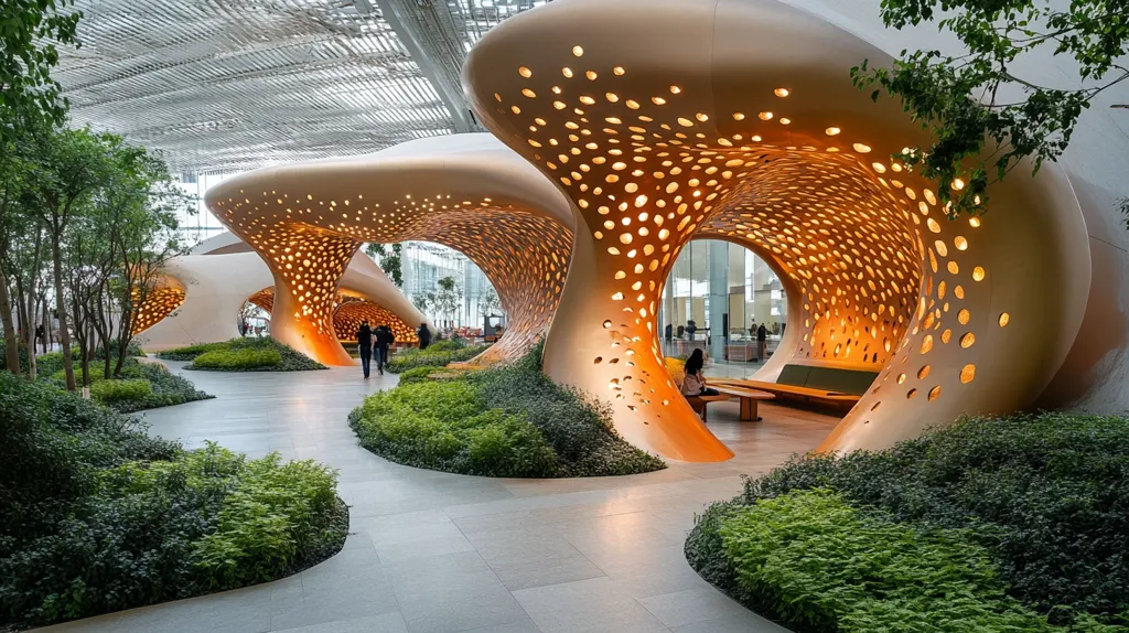 A modern, open-air space with an abstract, undulating roof structure. The roof is made of a light, textured material with a pattern of holes that allow light to shine through. The space is surrounded by lush green foliage and a paved path. People are walking through the space, enjoying the unique architecture. The overall effect is one of tranquility and serenity.