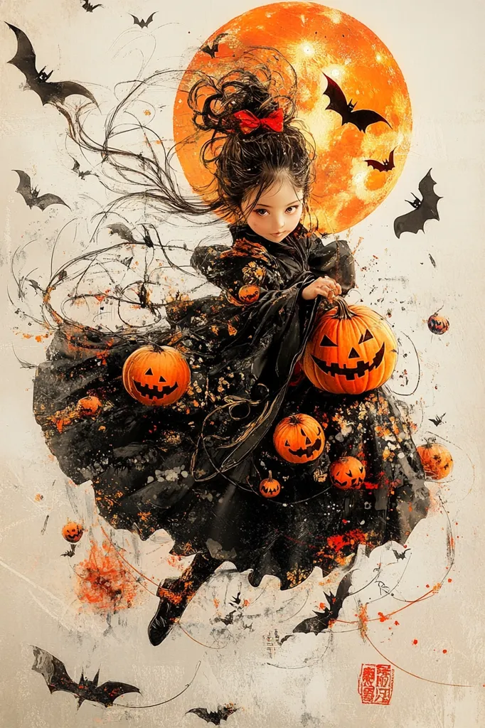 A young girl in a black dress with a red bow in her hair holds a jack-o-lantern and flies through the air surrounded by bats and a large orange moon. Other jack-o-lanterns float around her, creating a whimsical Halloween scene. The background is a textured, off-white canvas with splashes of orange paint.