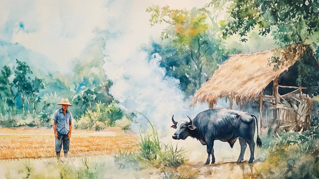 The watercolor painting depicts a rural scene with a man in a straw hat standing in a field of dry grass. Behind him, a large, dark water buffalo stands near a thatched hut. The background is a lush green forest with smoke rising from a fire. The painting captures the tranquility and beauty of a simple country life.