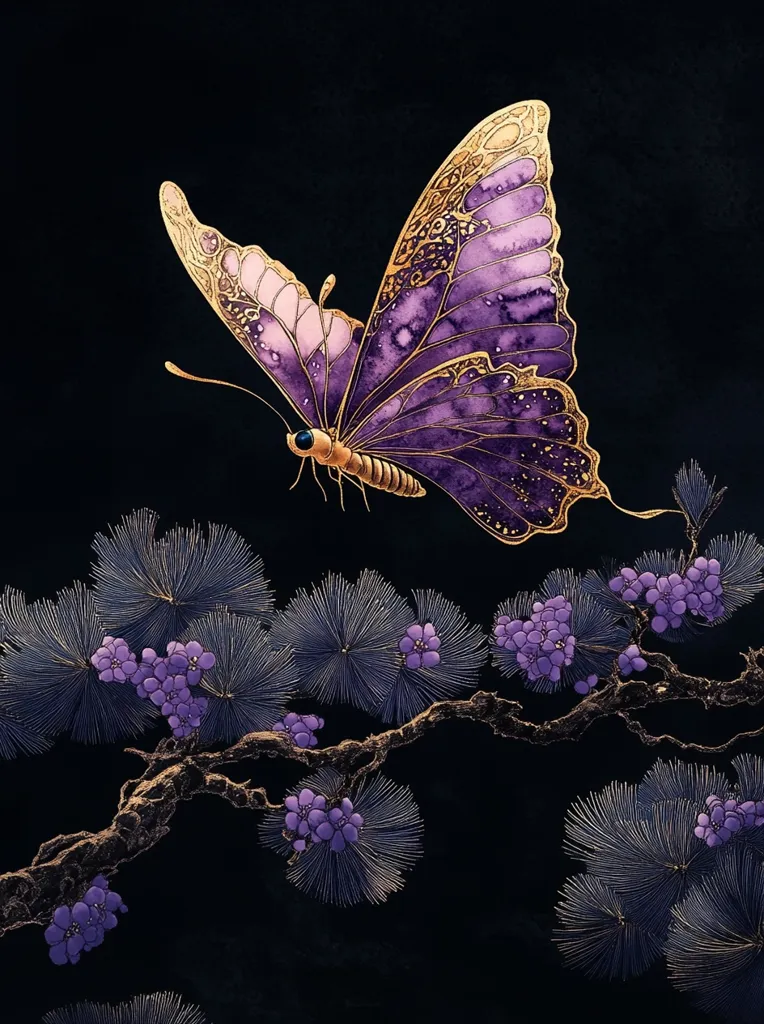 A purple and gold butterfly with intricate details takes flight against a black background. Delicate, gold-accented pine branches adorned with clusters of purple flowers create a serene backdrop. The contrasting colors and fine lines create a sense of elegance and beauty.