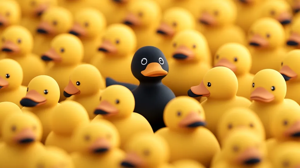 A black rubber duck is surrounded by a sea of yellow rubber ducks. The black duck stands out from the crowd, its dark color contrasting sharply with the bright yellow. The ducks are all arranged in a seemingly random pattern, creating a chaotic yet visually pleasing scene.  The image could be interpreted as a metaphor for standing out from the crowd or being different.