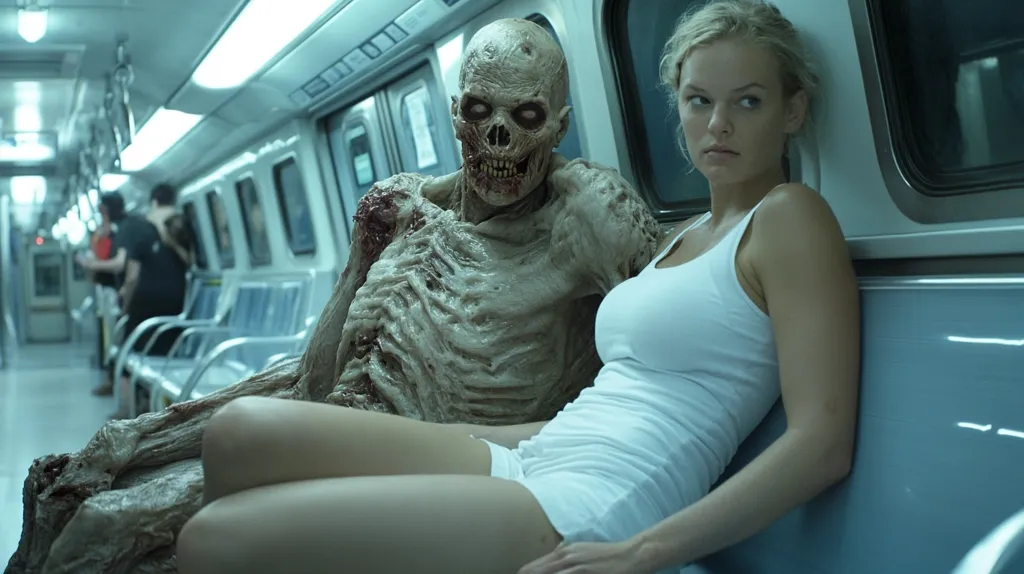 A young woman sits on a subway train, seemingly unaware that a decaying zombie is sitting next to her. The woman wears a white tank top and looks out the window with a worried expression. The zombie, with exposed bones and flesh, has its arm around the woman. The image has a creepy and unsettling atmosphere.