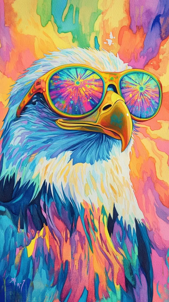 A close-up, colorful painting of a bald eagle with its head turned to the side. The eagle is wearing large, bright yellow sunglasses with a rainbow pattern reflected in the lenses. The background is a vibrant swirl of color, with pinks, oranges, blues, and yellows. The image has a playful and abstract feel.