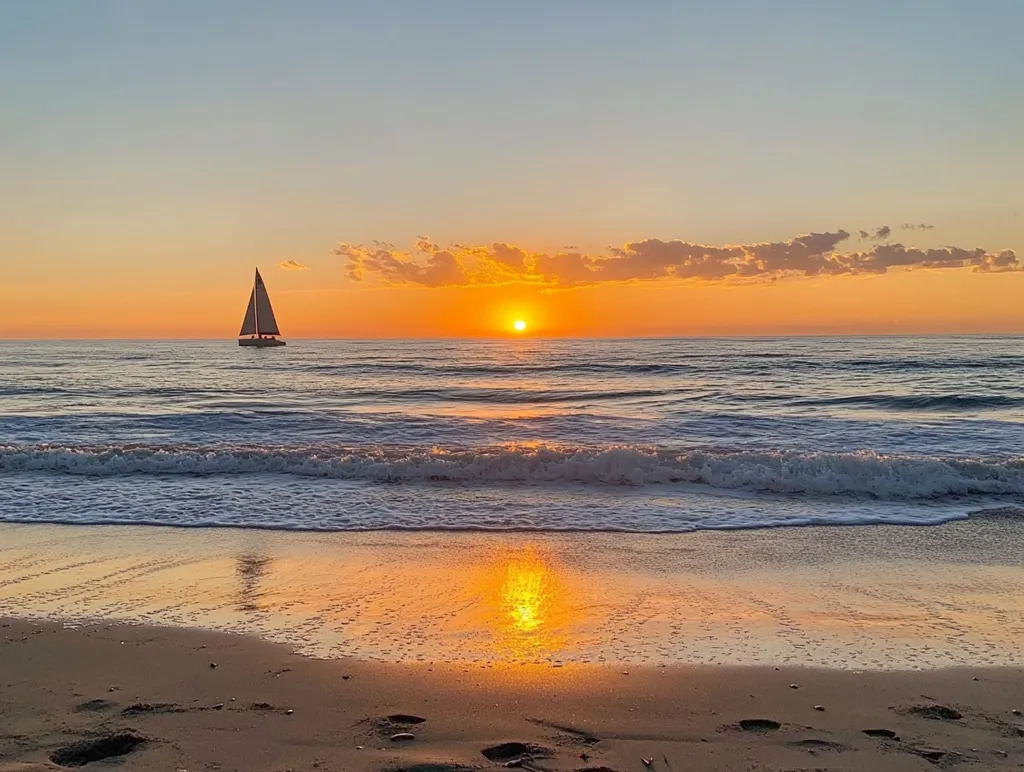 A sailboat sails on the ocean as the sun sets, casting an orange glow on the water. The sky is a mix of blue and orange, with a few clouds. The beach is sandy and empty, with footprints in the sand. The scene is serene and peaceful, a beautiful moment of nature.