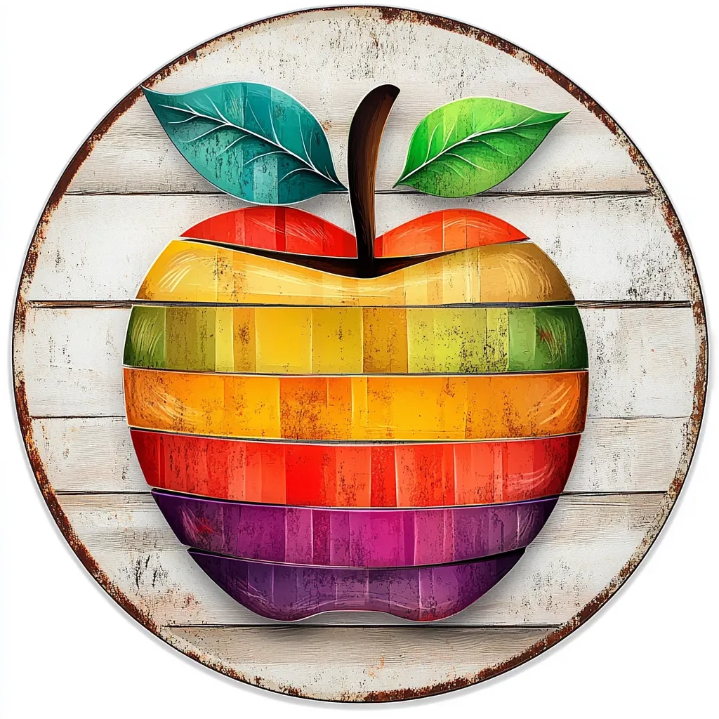 The image depicts a vibrant, stylized apple on a whitewashed wooden background. The apple is composed of horizontal stripes of different colors, creating a playful and whimsical design. The apple is surrounded by a circular frame, suggesting a decorative object or artwork. The image evokes a sense of cheerful simplicity and warmth, possibly associated with themes of nature, abundance, and good health.