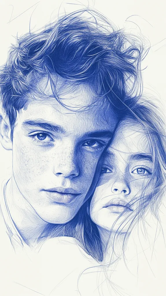 A detailed pen and ink drawing of a young man and woman.  The man is in the foreground with his hair tousled and his eyes closed, he has freckles on his cheeks. The woman is behind him, her head tilted slightly towards him, her eyes are open.  The drawing is done entirely in shades of blue.