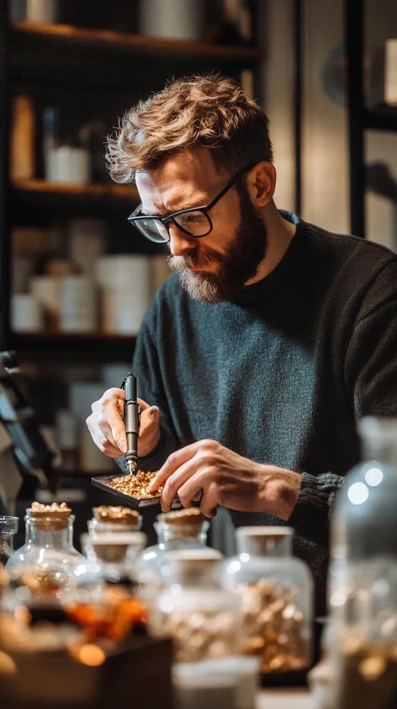 A man with a beard and glasses is working on a small metal object with a tool. He is wearing a dark sweater and is focused on his task. The table in front of him is filled with jars of various sizes, some containing small golden objects. The lighting is dim, casting a warm glow over the scene.  The image suggests a craftsman or artist meticulously working on a piece of jewelry or art.
