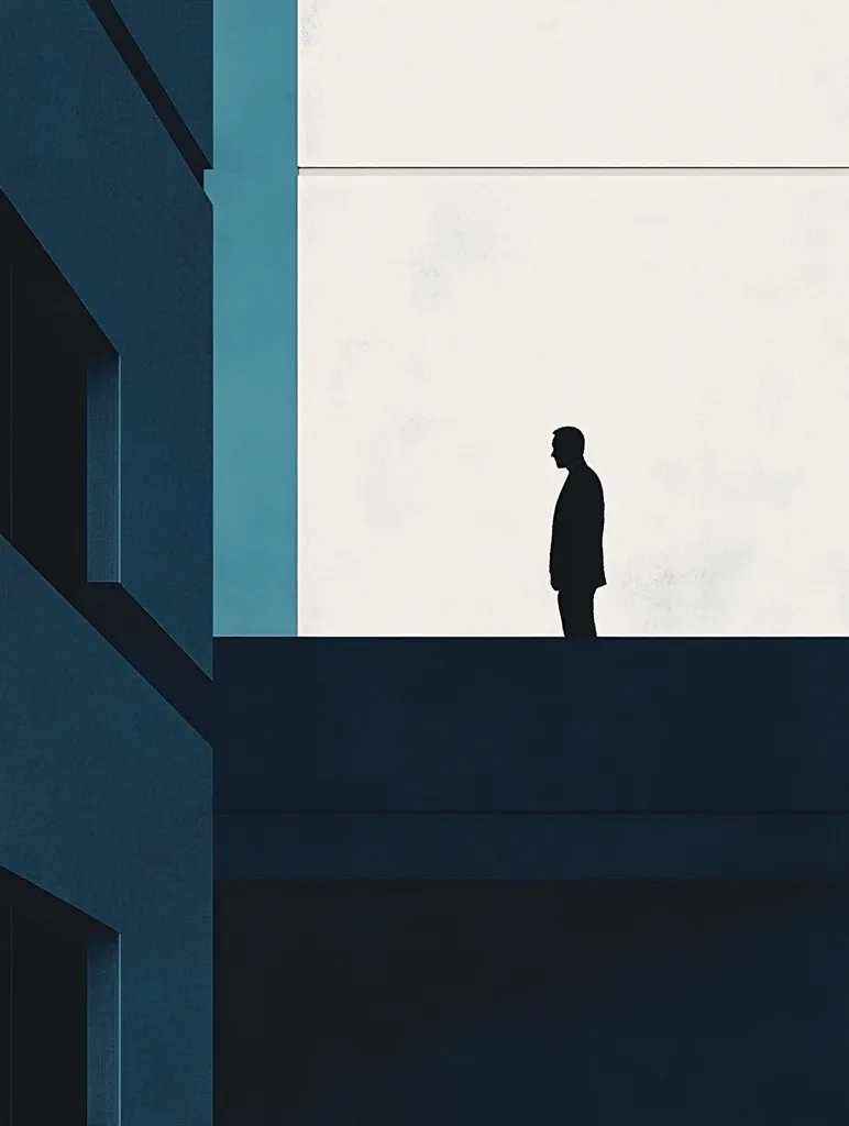 The image is a minimalist illustration with a stark contrast between black and white. It shows the silhouette of a man standing alone on a rooftop, framed by a tall, dark building and a white wall. The man appears to be gazing off into the distance, creating a sense of isolation and contemplation. The image suggests a sense of solitude and introspection, perhaps representing a moment of reflection or decision-making. The simplicity of the image allows for a wide range of interpretations.