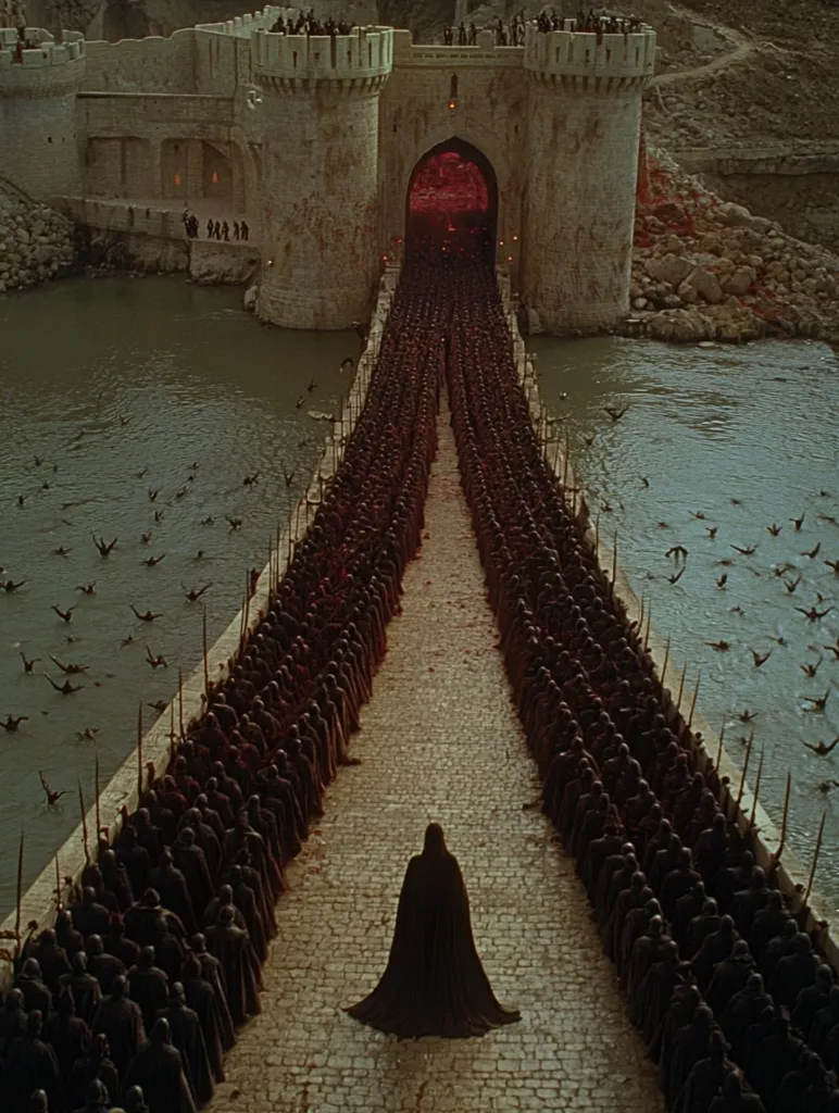A lone figure in a black cloak walks down a stone bridge towards a massive, fortified gate. Two lines of cloaked figures stretch out to either side, flanking the figure as they cross the bridge. The bridge spans a wide, grey river filled with small, dark birds. In the background, a tall stone castle looms over the scene. The image evokes a sense of power, mystery, and impending action.