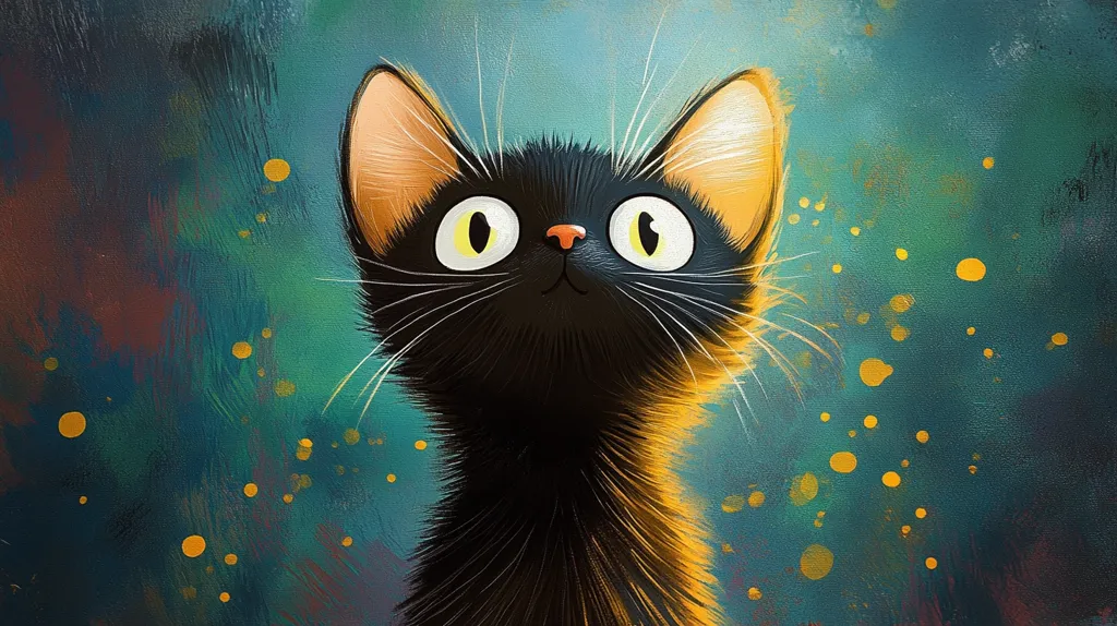 A black cat with large, round yellow eyes looks up at the viewer with an inquisitive expression.  The cat's fur is rendered with a soft, painterly style, and its whiskers are prominent.  The background is a vibrant teal with scattered golden spots, adding to the whimsical feel of the image.  The cat appears curious and playful.  The overall tone of the piece is lighthearted and charming.
