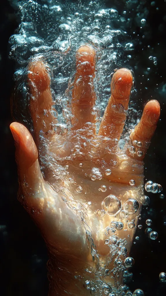 A hand reaches up from the water, its fingers spread open. The water is filled with bubbles, creating a swirling, ethereal effect. The light catches the water droplets, creating a shimmering glow. The image is both beautiful and mysterious, hinting at a deeper story.