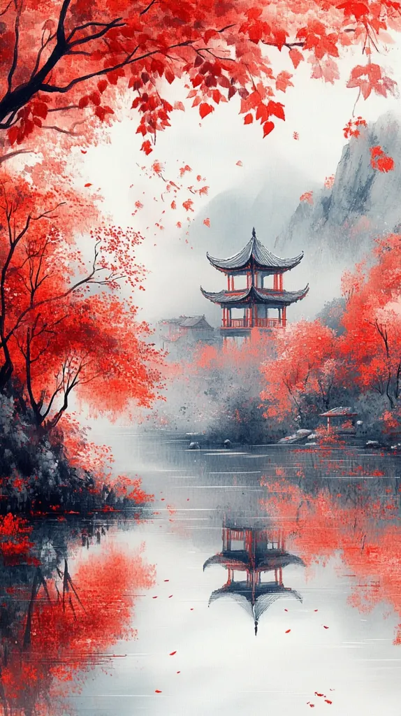The painting depicts a serene landscape with a traditional Chinese pagoda standing amidst a lush forest of vibrant red trees. The scene is enveloped in a soft mist, adding a sense of tranquility. The pagoda's reflection in the still water creates a symmetrical and visually captivating composition. The use of light and color evokes a sense of peace and harmony, creating a beautiful and tranquil atmosphere.