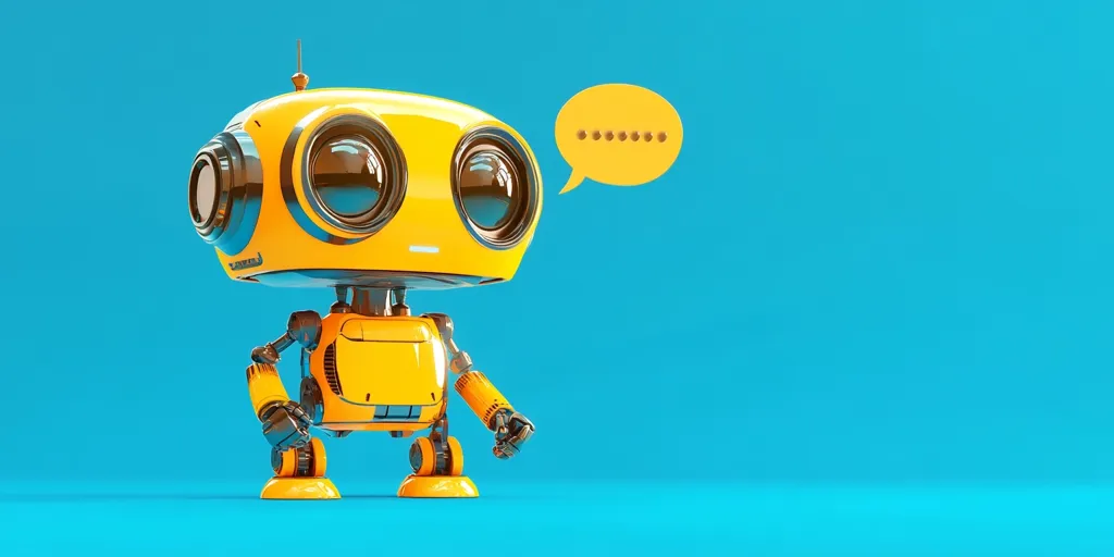 A yellow robot with large eyes and an antenna stands on a blue background. The robot has a speech bubble above its head with dots inside, indicating it is speaking. The robot's body is detailed with metallic joints and a metallic-looking finish. The robot is looking to the right and has a slight smile on its face.  The background is a solid blue color.