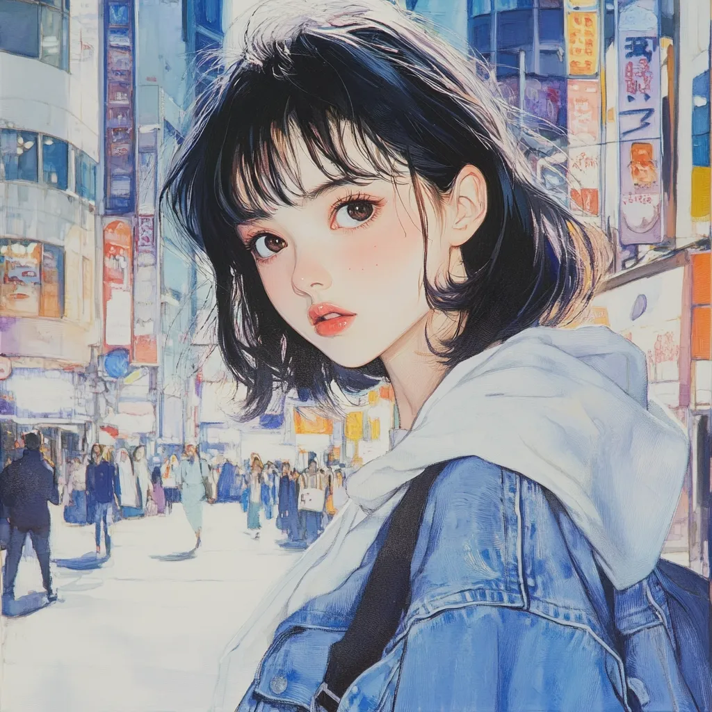 A young woman with black hair and brown eyes looks to the side. She is wearing a blue denim jacket with a white hoodie. She has rosy cheeks and a delicate smile. The background shows a busy city street with buildings and pedestrians. The image has a watercolor effect, adding to the soft and dreamy aesthetic.