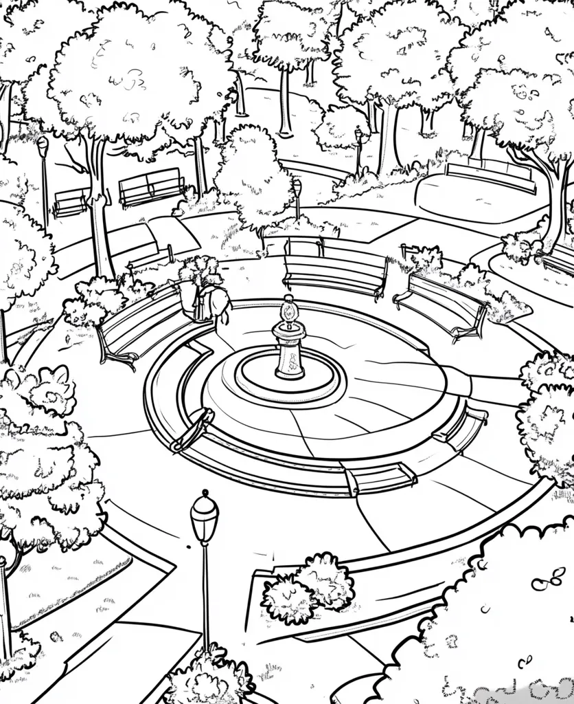 The black and white drawing depicts a park with a fountain in the center.  The fountain is surrounded by a circular path with benches around it.  There are many trees throughout the park and several lamp posts. The drawing is done in a simple, stylized manner with black lines against a white background.