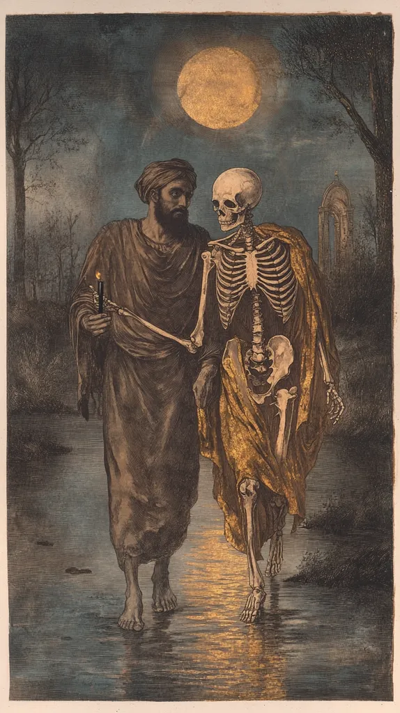 A man with a turban walks beside Death, represented as a skeleton in a gold robe, under a full moon. The man holds a candle. They walk towards a distant church. The scene is darkly lit, with water reflecting the moon's light. The image suggests a journey into the unknown, with death as a companion.