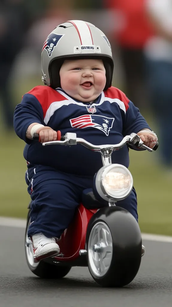 A young boy, wearing a New England Patriots helmet and jersey, rides a toy motorcycle. He is smiling and appears to be having fun. The motorcycle has a red frame and large, black tires. The boy is wearing white shoes and has a chubby face. The photo is taken from a low angle, giving the viewer a good view of the boy and the motorcycle.