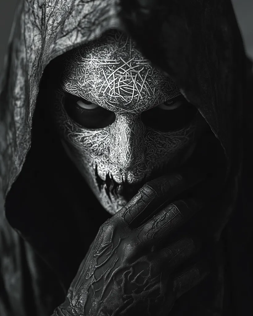 The image is a close-up shot of a person wearing a dark hooded cloak and a detailed mask. The mask appears to be made of some kind of skeletal material, with intricate patterns and a menacing grin. The person is holding their hand to their mouth, as if concealing something sinister. The black and white tone adds to the eerie atmosphere of the image.