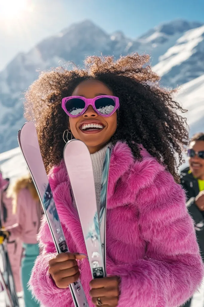 A young woman with curly hair, wearing pink heart-shaped sunglasses and a fluffy pink jacket, smiles brightly as she holds two ski poles.  A snowy mountain backdrop is visible behind her, and a man in a black jacket stands in the background. The scene suggests a fun and exciting winter day on the slopes.