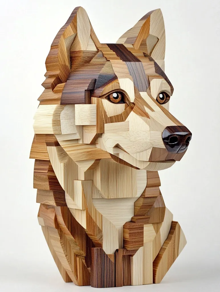 A wooden sculpture of a wolf's head, crafted from different types of wood. The wolf's head is made up of hundreds of small, geometric shapes, each meticulously cut and assembled. The sculpture is highly detailed, with realistic fur and facial features. The use of different woods creates a unique and interesting texture, highlighting the artist's craftsmanship.
