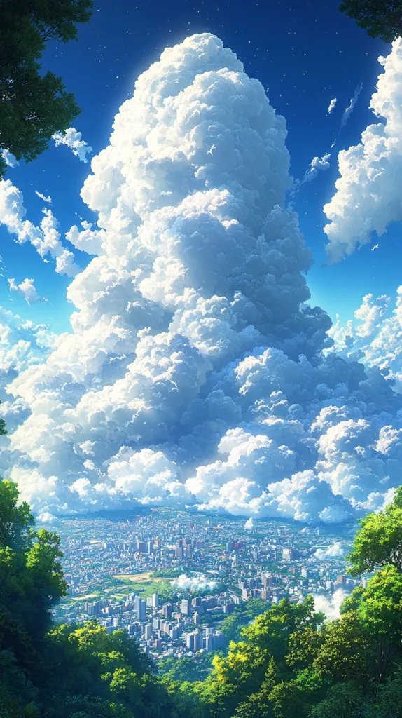 A large, fluffy white cloud dominates the sky, casting a shadow over a sprawling city nestled amongst lush green trees. The city stretches out beneath the cloud, its buildings appearing small and insignificant against the vastness of the sky. The image is filled with a sense of tranquility and awe.