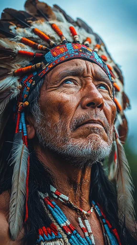 A Native American man with long black hair, wearing a traditional headdress with feathers and beads, looks up with a thoughtful expression. His face is weathered and lined, his eyes are deep blue, and his beard is streaked with grey. He is adorned with a beaded necklace and a long, flowing feather. The image captures a sense of wisdom, tradition, and connection to nature.