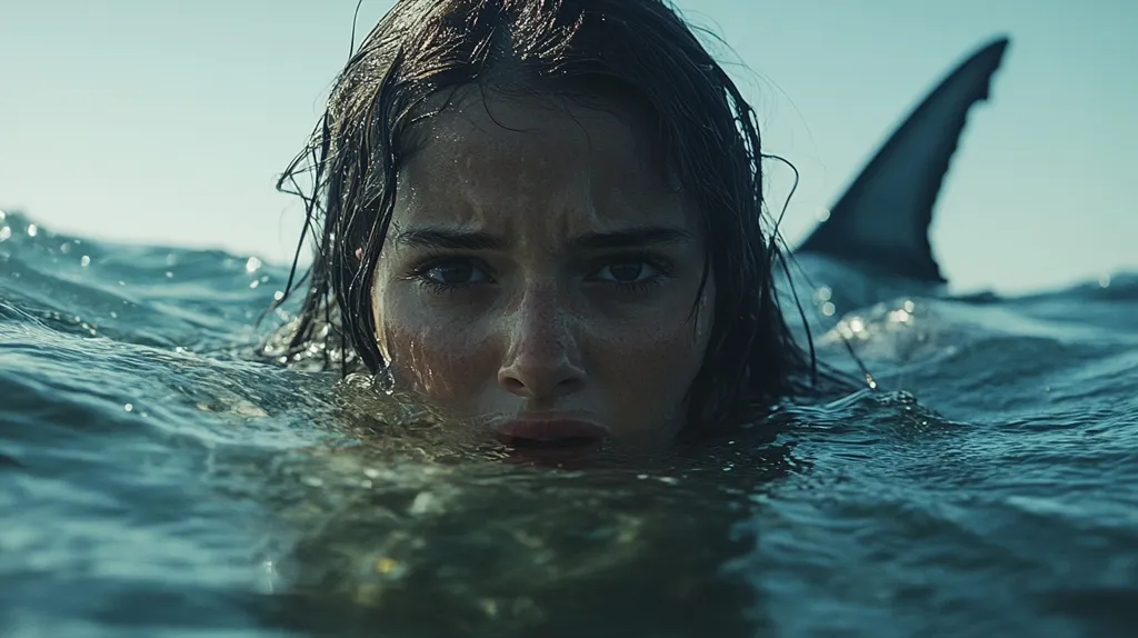 A young woman with dark hair stares intensely at the camera from just below the surface of the ocean. Her eyes are wide and her expression is filled with fear. The fin of a shark, partially submerged, is visible in the background, creating a sense of danger and suspense. The water is choppy and reflects the bright sky above.  The image evokes a sense of vulnerability and impending doom.